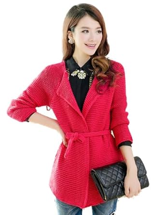 HuoXu 女士 中长款<em>开衫</em>长袖<em>圆领</em>针织外套(<em>配</em>腰