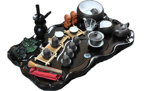 肖字和德+紫砂茶具+荷叶雕边整块茶盘