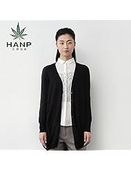 Hanp 汉麻世家 长袖羊毛针织<em>开衫女黑色</em>中长款