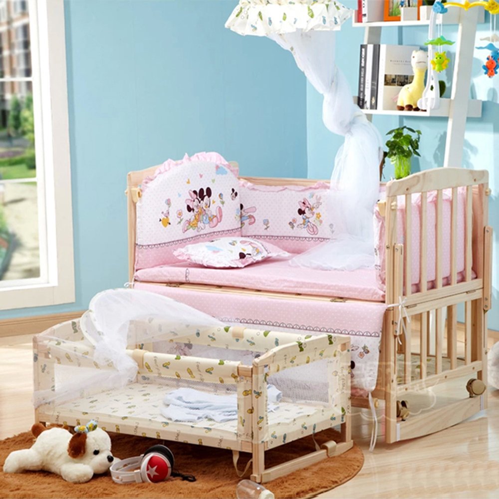亚马逊 百爱婴儿床实木无漆环保童床 多功能宝宝床带摇篮好孩子必备BB床 大床+小床+蚊帐 (粉色米奇床品) 报价\/价格查询 - 智购网网购大全