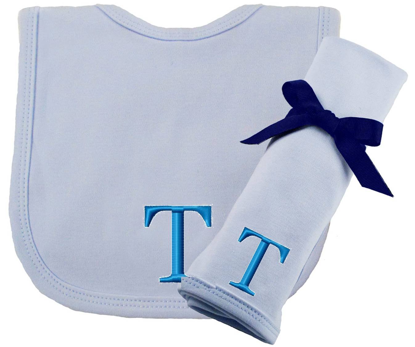 princess linens embroidered blue initial cotton knit bib and
